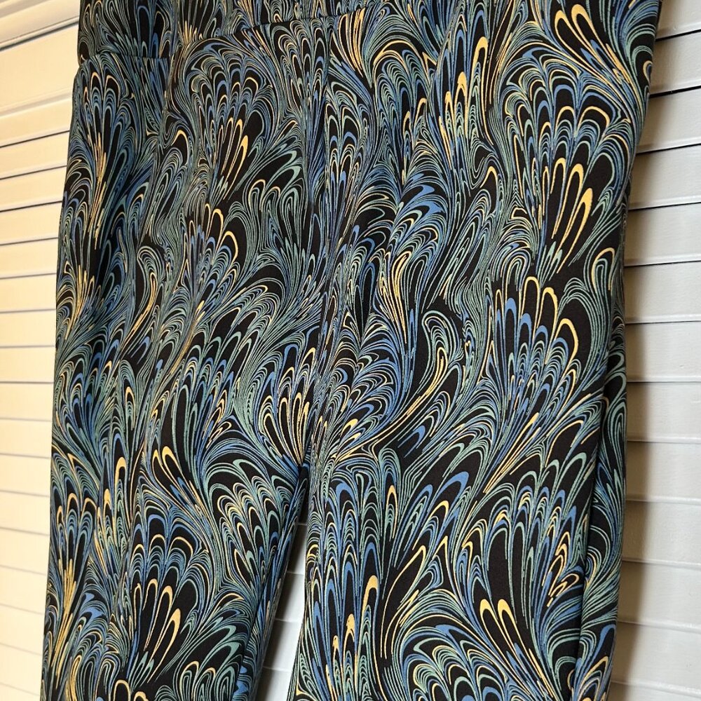 Soft Surroundings Peacock Marble Print Ponte Knit Pants Black Blue Womens Large